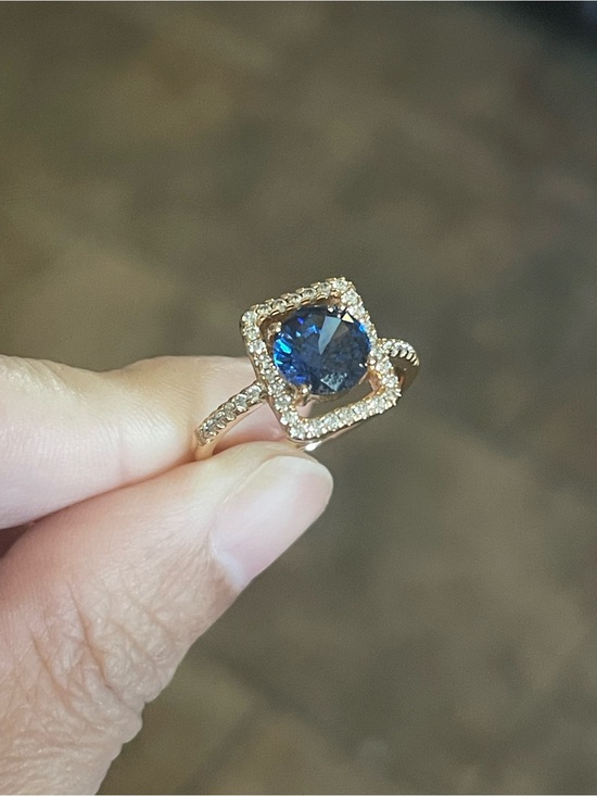Gold plate Jewelry - Rose Gold Ring with Deep Blue Sapphire Halo Stone